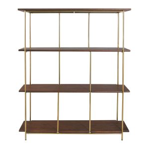 Librería de Madera Acabado Nogal con Estructura Metálica Dorada