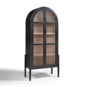 Vitrina de Roble Negro con Puertas de Cristal y Diseño Arqueado