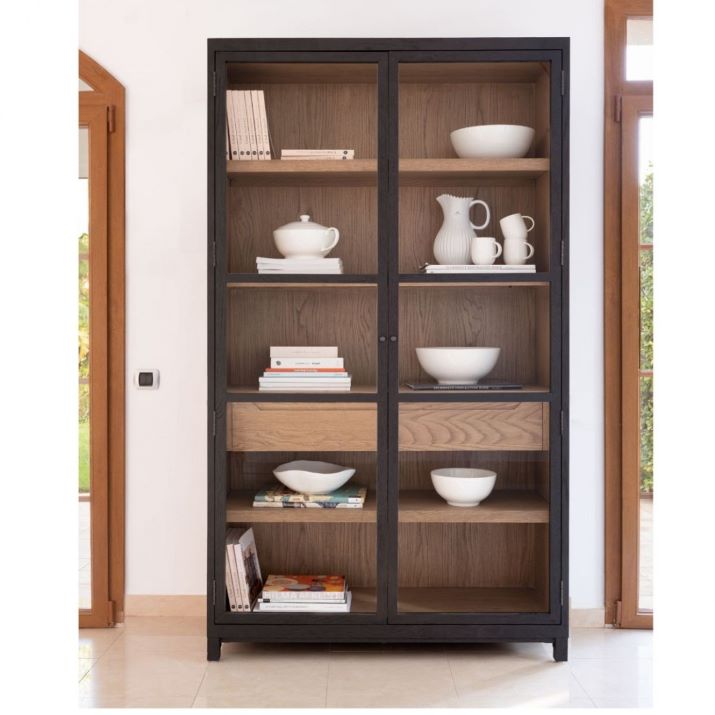 Vitrina de Roble Negro con Puertas de Cristal e Interior Natural - Imagen 6