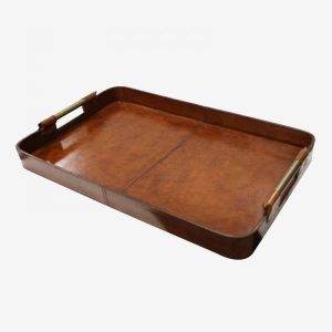 Bandeja Rectangular de Cuero con Asas de Bronce Dorado