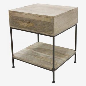Mesita de Noche en Madera Natural y Metal con Cajón y Balda