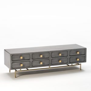 Mueble de Televisión Gris con Cajones y Detalles en Metal Dorado