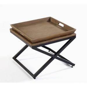 Mesa Auxiliar de Roble con Bandeja Extraíble y Base Metálica Negra