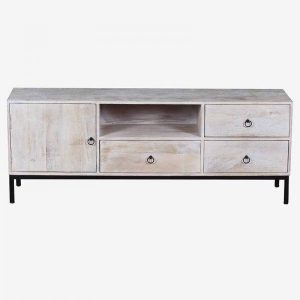 Mueble de TV en Madera Natural con Detalles Metálicos