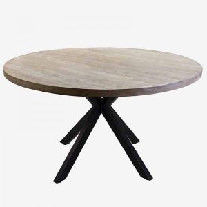 Mesa de Comedor Redonda con Tapa de Madera Natural y Base de Metal Negro