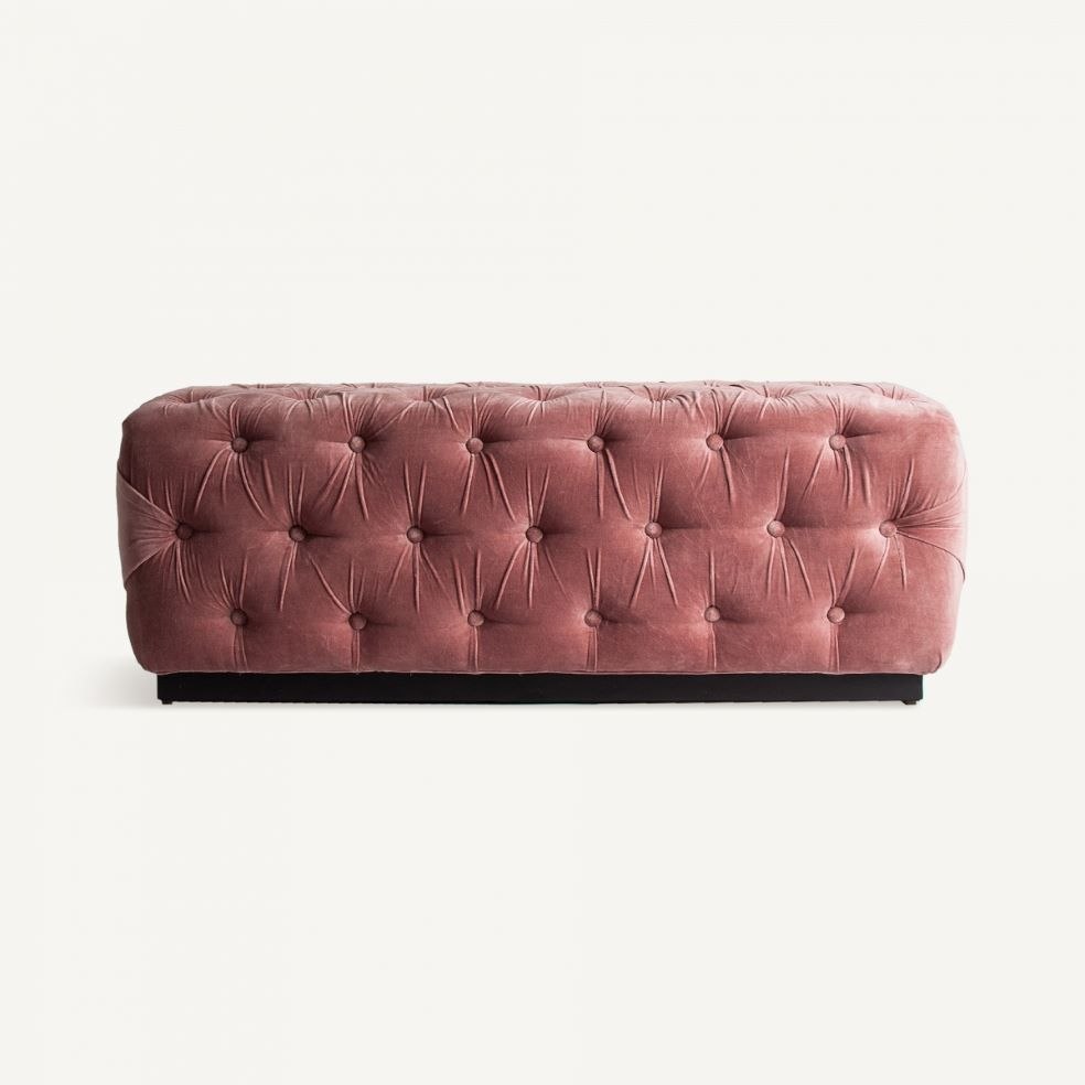 Pie de Cama Tapizado en Terciopelo Rosa con Diseño Capitoné