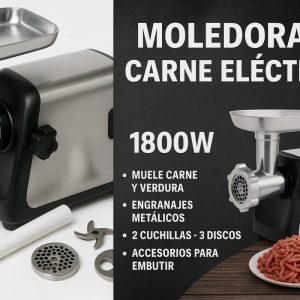 Molino de Carne Eléctrico 1800W con Accesorios para Embutidos y Discos Metálicos