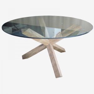 Mesa de Comedor Redonda con Tapa de Cristal y Pie de Madera Natural