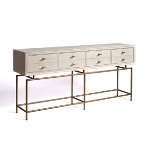 Consola de Madera en Blanco Patinado con Base Metálica y 4 Cajones