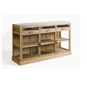 Aparador de Roble Natural con Puertas de Cristal y Cajones Extraíbles