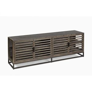Mueble de TV de Roble Oscuro con Puertas de Lamas y Base Metálica