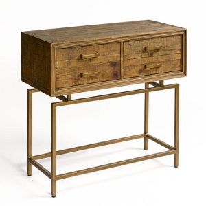 Consola de madera envejecida y estructura dorada