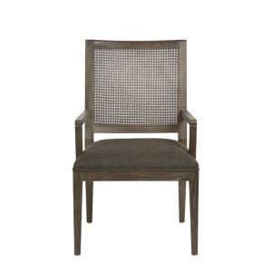 Silla de Comedor de Fresno Gris con Respaldo de Rejilla, Asiento Tapizado y Brazos