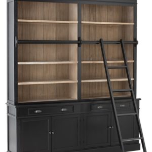 Librería Clásica en Negro y Natural con Escalera