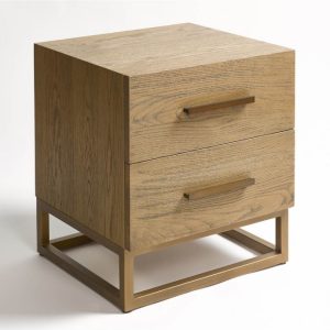 Mesita de Noche de Roble Natural con Base Metálica Dorada