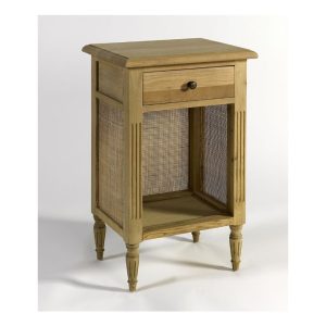 Mesita de Noche de Madera Natural con Detalles de Ratán