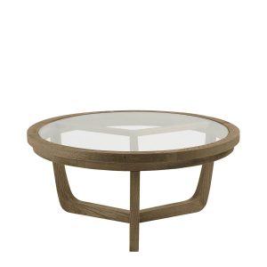 Mesa de Centro Circular en Madera de Roble Natural y Cristal