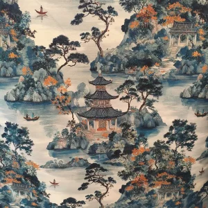 TELA ESTAMPADA NAGASAKI TURQUESA – MOTIVOS ORIENTALES 100% ALGODÓN (280CM)