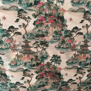 TELA ESTAMPADA NAGASAKI VERDE – MOTIVOS ORIENTALES 100% ALGODÓN (280CM)